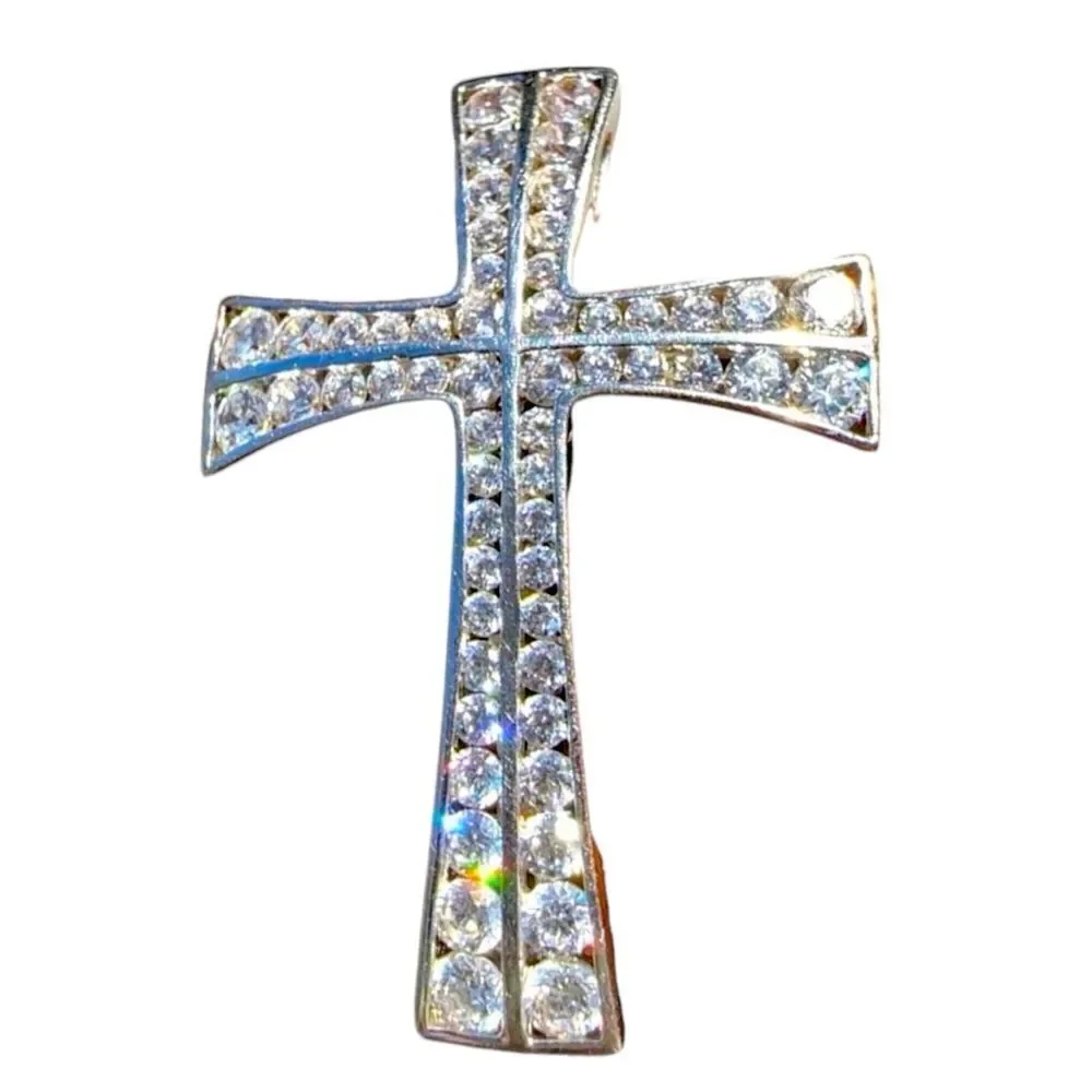 Sterling Silver 925 Cross Pendant With White CZ Stones Modern Curved Design